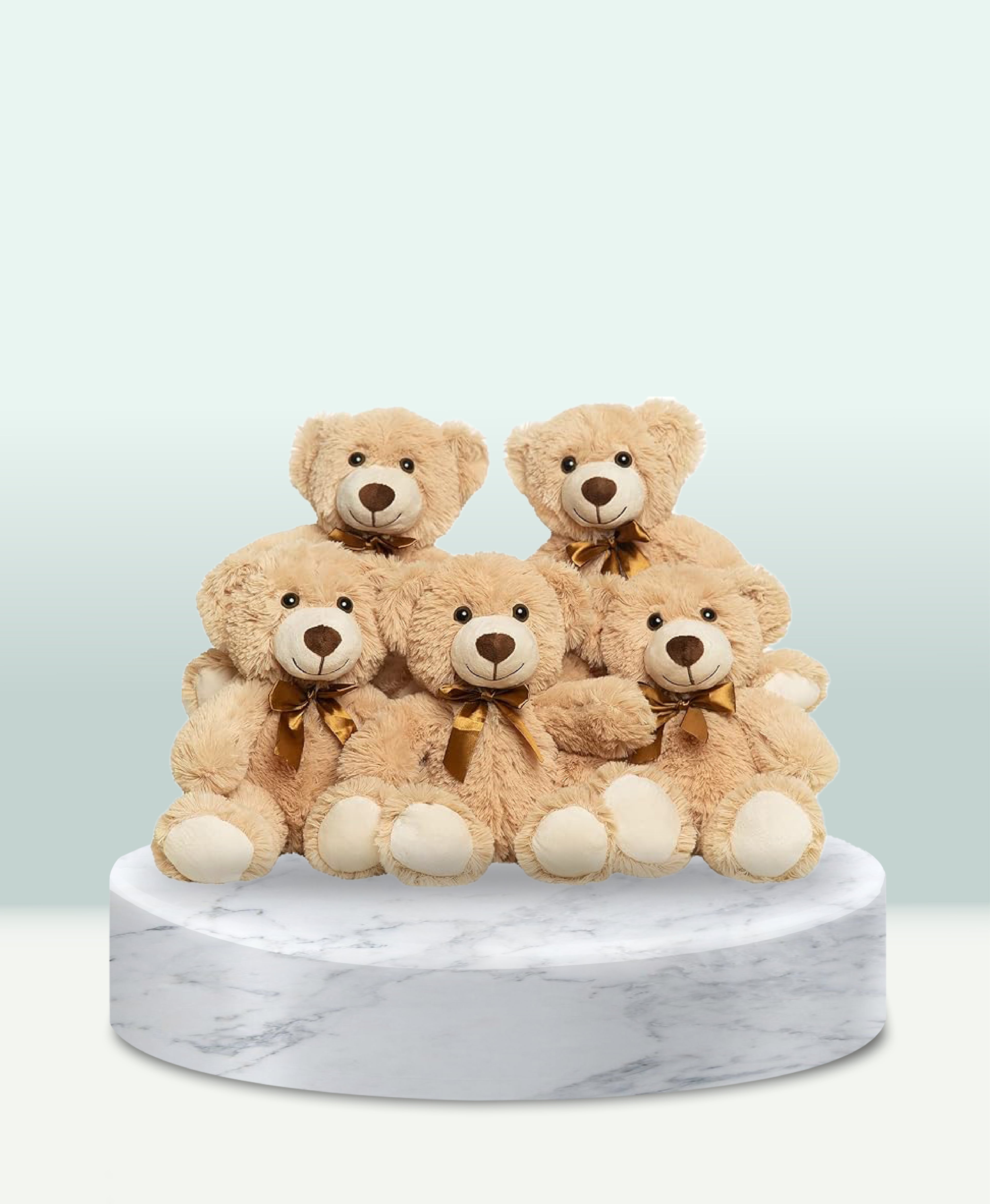Set of Beige Teddy Bears – Soft Plush Stuffed Toys with Golden Bows