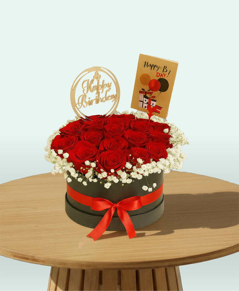 Birthday Love Bloom Box – Red Roses & Baby’s Breath