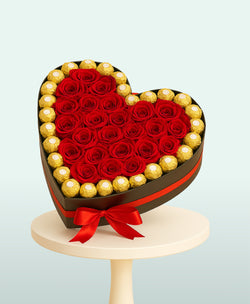 Golden Heart Bloom Box – 25 Red Roses & 28 Ferrero Rocher