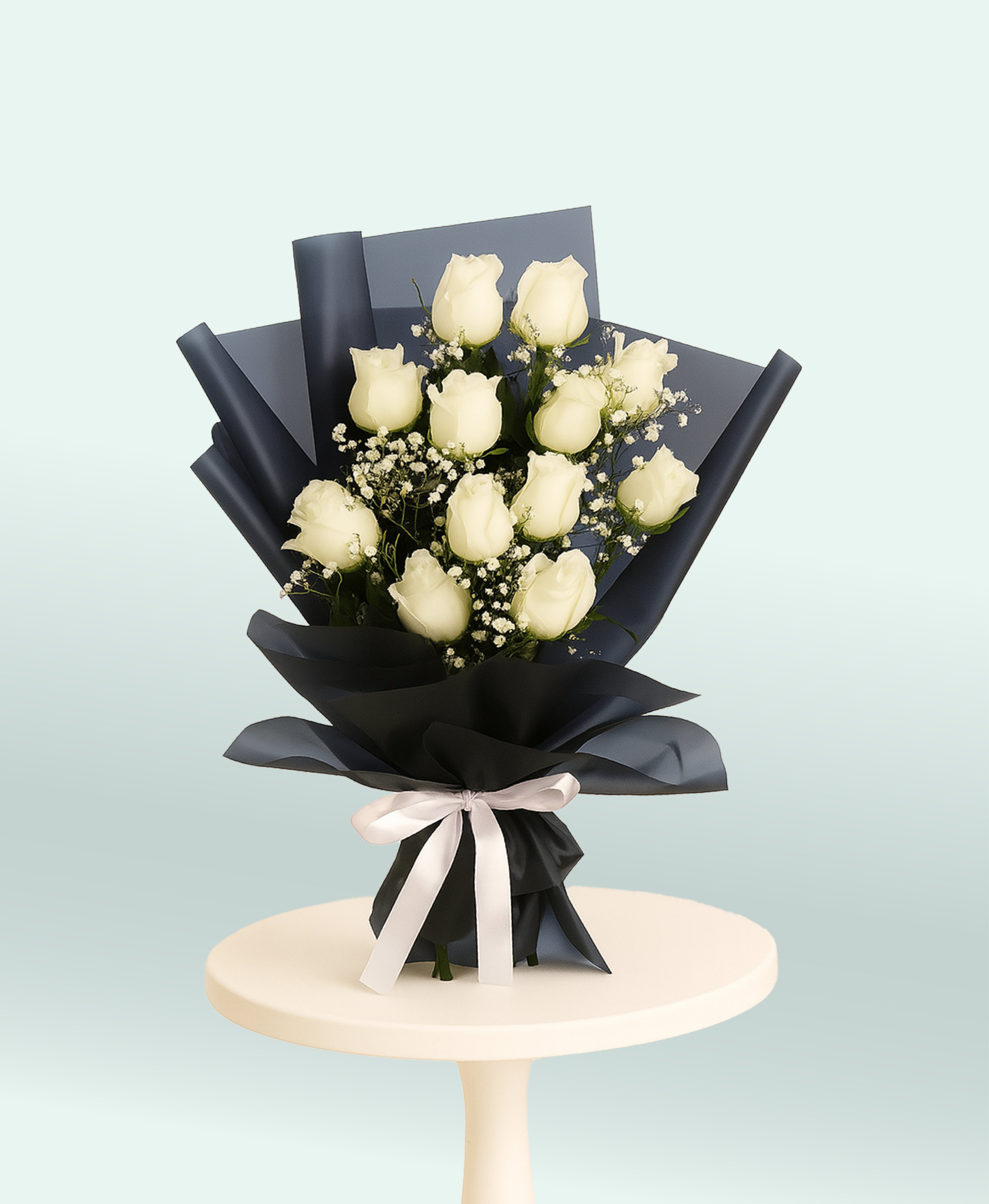 Midnight Elegance – White Rose Bouquet