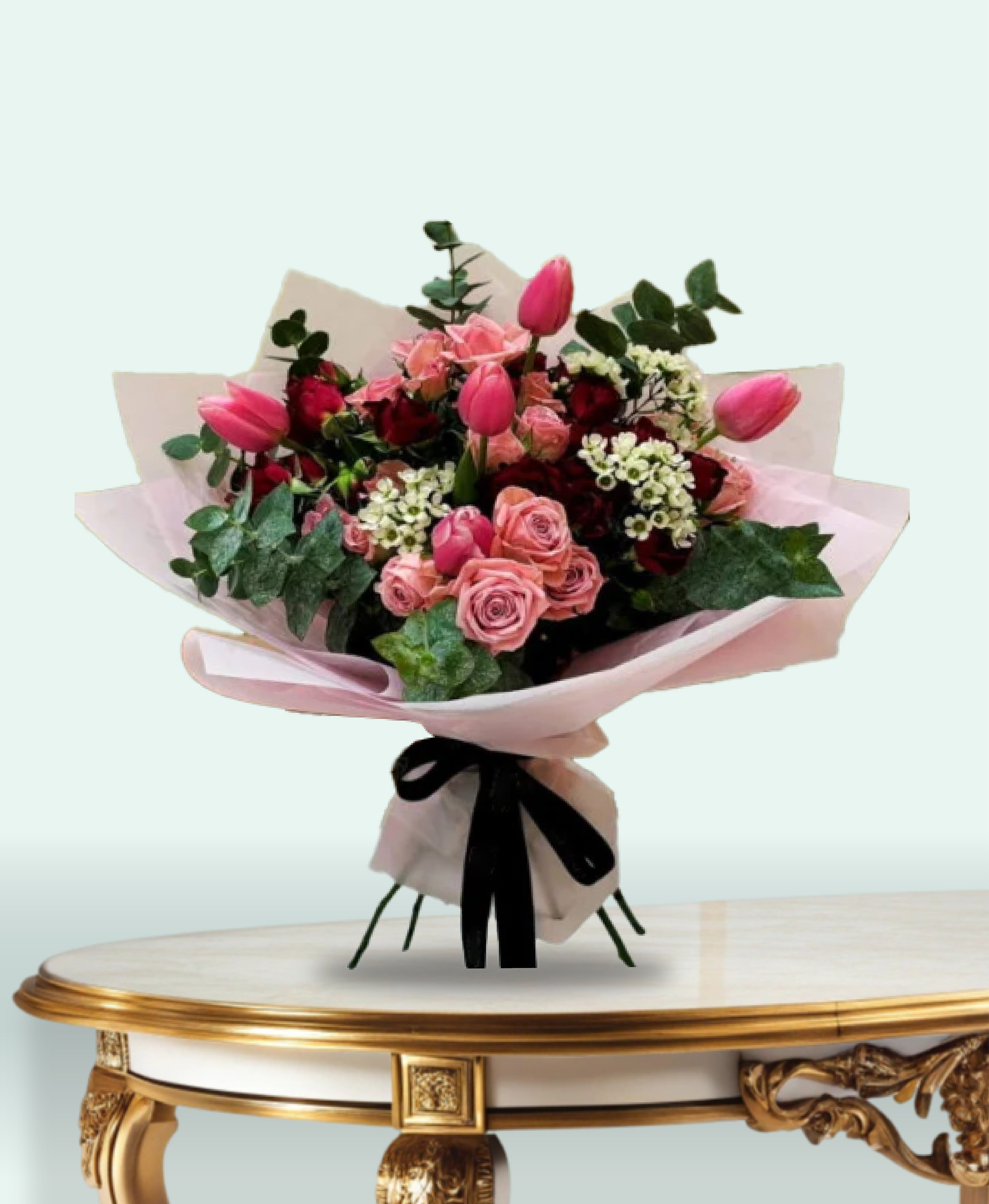 Rosy Radiance – Pink Tulip & Rose Bouquet